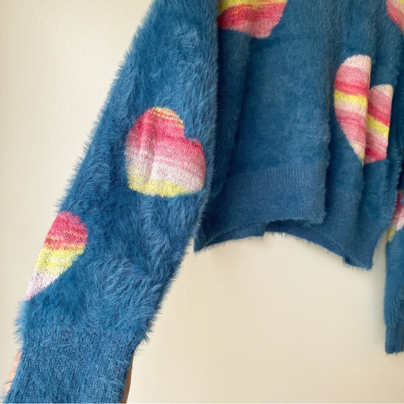 Just In// Fuzzy Heart Rainbow Sweater - Denim Blue - Picture 4 of 12